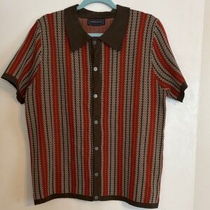 Sinransinya Men’s Short Sleeve Button Polo - Brown & Red Stripe. Size L